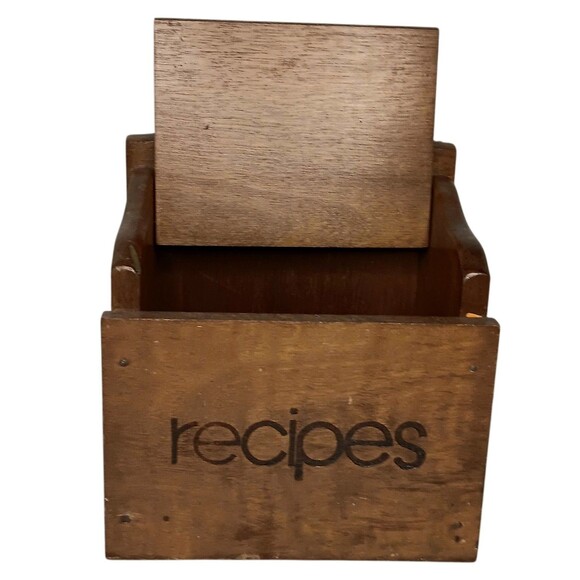 VTG Wood Recipe Box Hinged Lid "Recipes" In Black Letters Wall Mount Or Counter - Picture 3 of 11